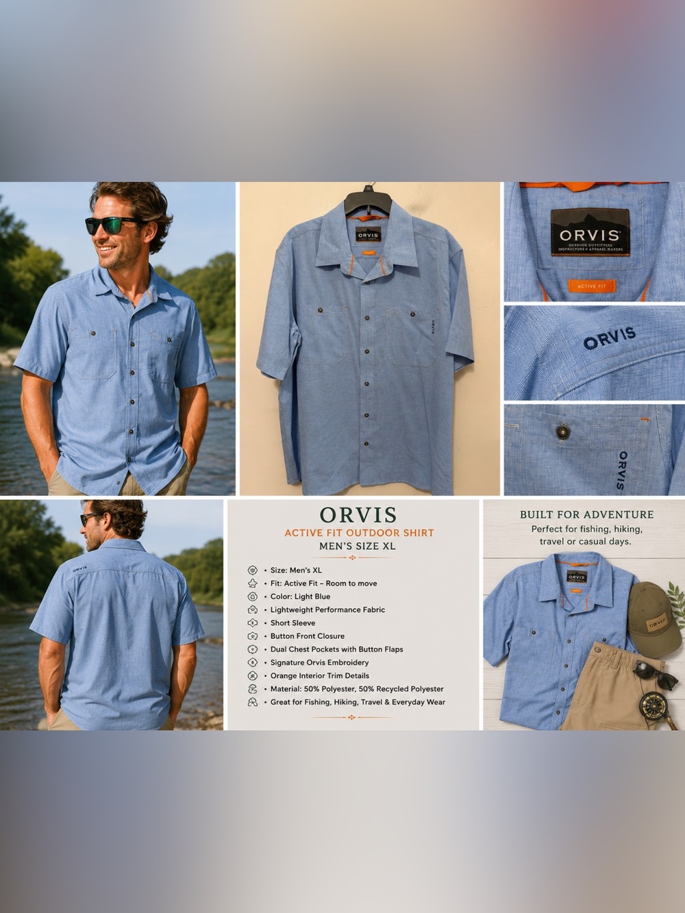 Orvis Active Fit Outdoor Fishing Shirt Men XL Blue Short Sleeve Button Front